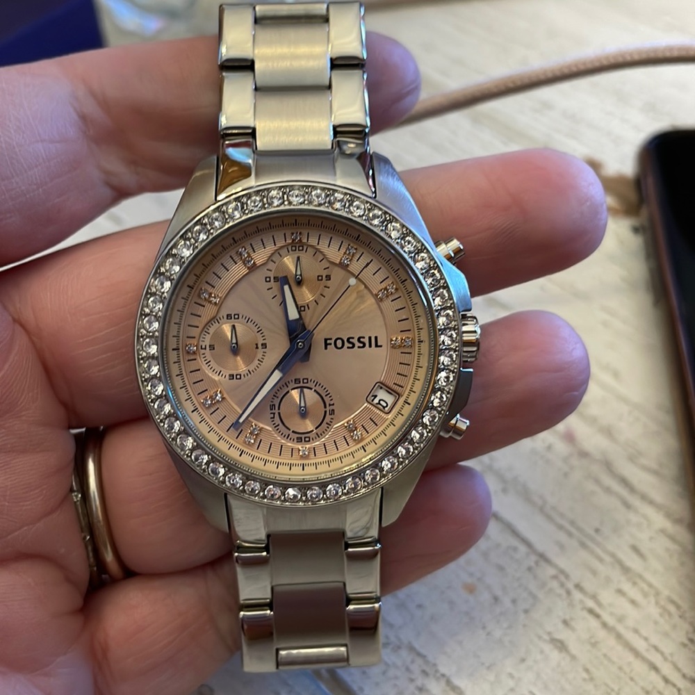 Fossil Stainless Steel Womens Watch Silver Light Pink Crystal Bezel EUC